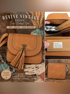Revive Vintage Cognac Studded Tassel Crossbody Bag